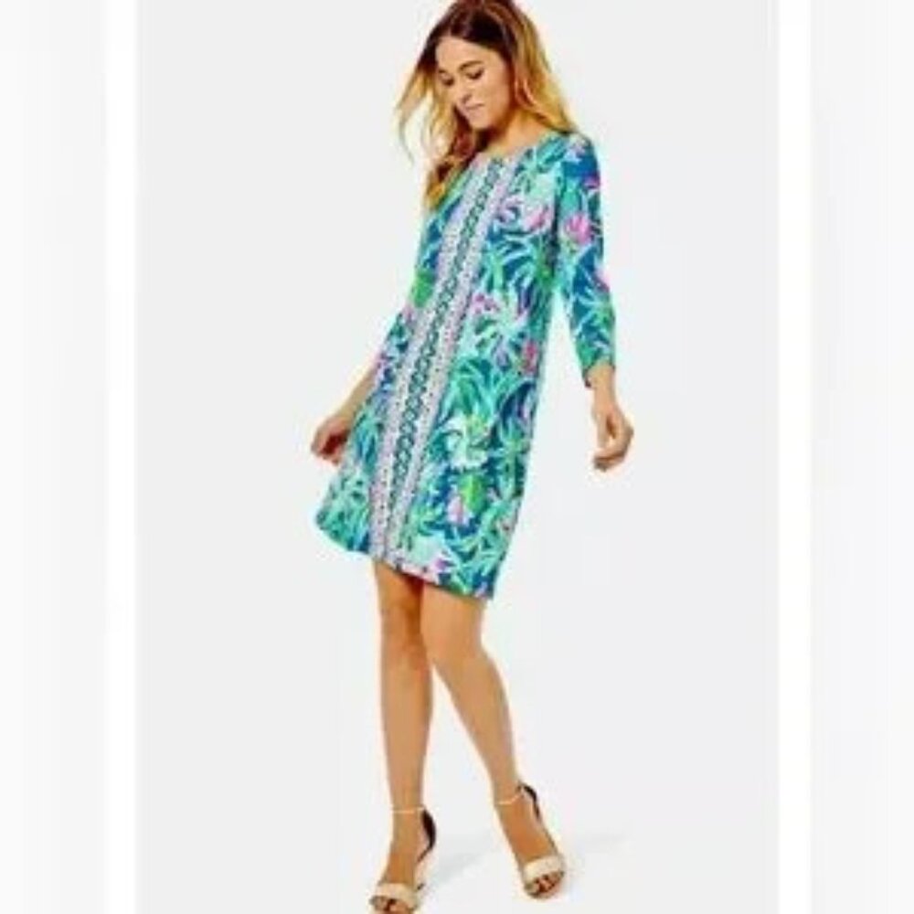 Lilly Pulitzer XL Ophelia Swing Dress Macaw Blue Sweet Escape Dress 3/4 Slv Knee